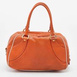 Prada Orange/White Perforated Saffiano Leather Boston Bag