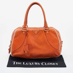 Prada Orange/White Perforated Saffiano Leather Boston Bag