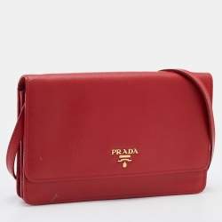 Pre Owned Prada Red Saffiano Leather Flap Crossbody Bag