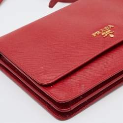 Pre Owned Prada Red Saffiano Leather Flap Crossbody Bag