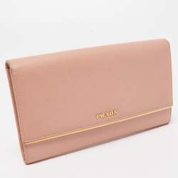 Pre Owned Prada Pink Saffiano Lux Leather Metal Bar Flap Continental Wallet