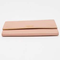 Pre Owned Prada Pink Saffiano Lux Leather Metal Bar Flap Continental Wallet