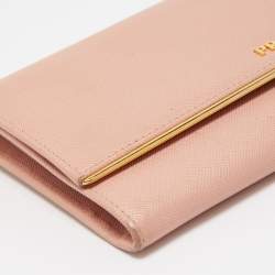 Pre Owned Prada Pink Saffiano Lux Leather Metal Bar Flap Continental Wallet