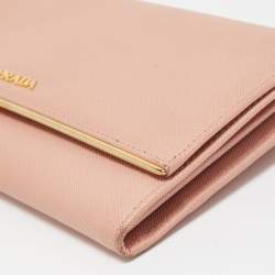 Pre Owned Prada Pink Saffiano Lux Leather Metal Bar Flap Continental Wallet