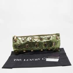 Prada Metallic Green Snake Skin Crystal Embellished Clutch