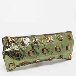 Prada Metallic Green Snake Skin Crystal Embellished Clutch