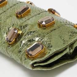 Prada Metallic Green Snake Skin Crystal Embellished Clutch