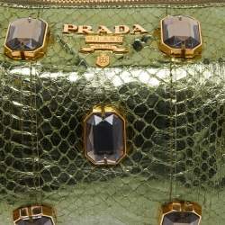 Prada Metallic Green Snake Skin Crystal Embellished Clutch
