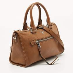 Pre Owned Prada Brown Vitello Daino Leather Front Zip Boston Bag