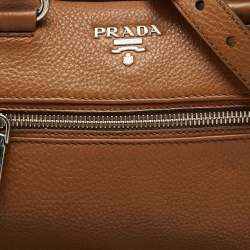 Pre Owned Prada Brown Vitello Daino Leather Front Zip Boston Bag