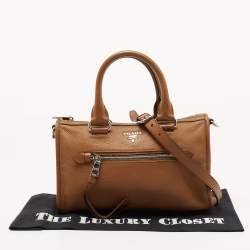 Pre Owned Prada Brown Vitello Daino Leather Front Zip Boston Bag