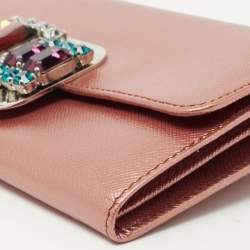 Pre Owned Prada Metallic Pink Leather Crystal Embellished Continental Wallet