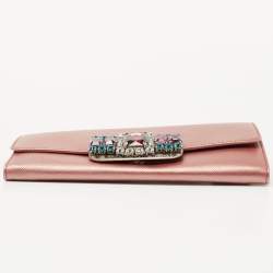 Pre Owned Prada Metallic Pink Leather Crystal Embellished Continental Wallet