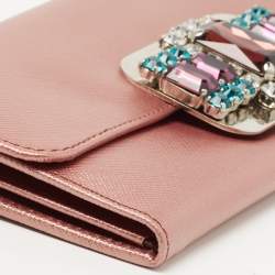Pre Owned Prada Metallic Pink Leather Crystal Embellished Continental Wallet
