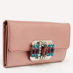 Pre Owned Prada Metallic Pink Leather Crystal Embellished Continental Wallet