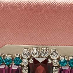 Pre Owned Prada Metallic Pink Leather Crystal Embellished Continental Wallet