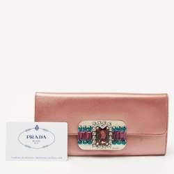 Pre Owned Prada Metallic Pink Leather Crystal Embellished Continental Wallet