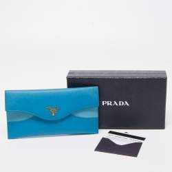 Pre Owned Prada Two Tone Blue Saffiano Metal Leather Envelope Flap Continental Wallet