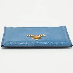 Prada Blue Saffiano Metal Leather Logo Card Holder