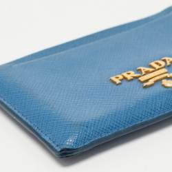 Prada Blue Saffiano Metal Leather Logo Card Holder