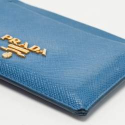 Prada Blue Saffiano Metal Leather Logo Card Holder