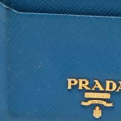 Prada Blue Saffiano Metal Leather Logo Card Holder