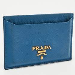 Prada Blue Saffiano Metal Leather Logo Card Holder