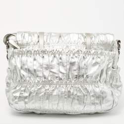 Pre Owned Prada Silver Gaufre Leather Buckle Flap Messenger Bag