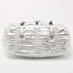 Pre Owned Prada Silver Gaufre Leather Buckle Flap Messenger Bag