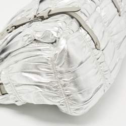 Pre Owned Prada Silver Gaufre Leather Buckle Flap Messenger Bag