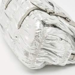 Pre Owned Prada Silver Gaufre Leather Buckle Flap Messenger Bag