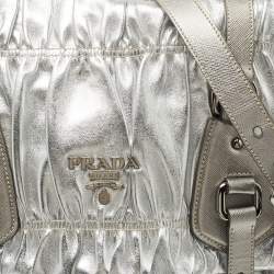 Pre Owned Prada Silver Gaufre Leather Buckle Flap Messenger Bag