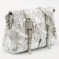 Pre Owned Prada Silver Gaufre Leather Buckle Flap Messenger Bag
