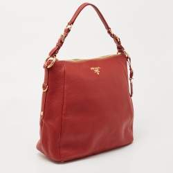 Prada Red Vitello Daino Leather Zip Hobo