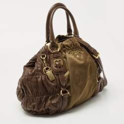 Pre Owned Prada Brown/Olive Green Gaufre Leather and Nylon Tote