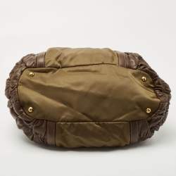 Pre Owned Prada Brown/Olive Green Gaufre Leather and Nylon Tote