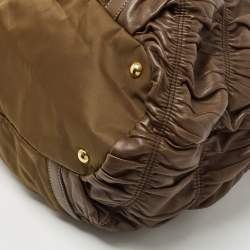 Pre Owned Prada Brown/Olive Green Gaufre Leather and Nylon Tote