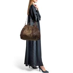 Pre Owned Prada Brown/Olive Green Gaufre Leather and Nylon Tote