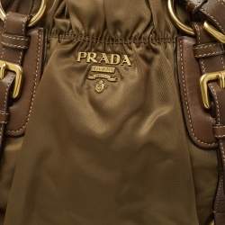 Pre Owned Prada Brown/Olive Green Gaufre Leather and Nylon Tote
