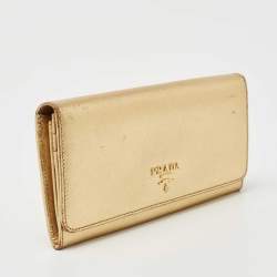 Pre Owned Prada Gold Saffiano Lux Leather Logo Flap Continental Wallet