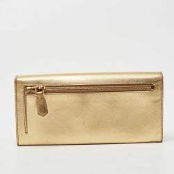 Pre Owned Prada Gold Saffiano Lux Leather Logo Flap Continental Wallet