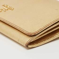 Pre Owned Prada Gold Saffiano Lux Leather Logo Flap Continental Wallet