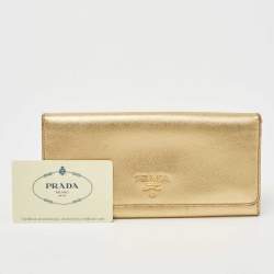 Pre Owned Prada Gold Saffiano Lux Leather Logo Flap Continental Wallet