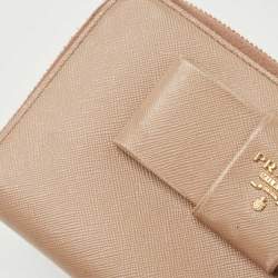 Prada Beige Saffiano Leather Bow Zip Around Wallet