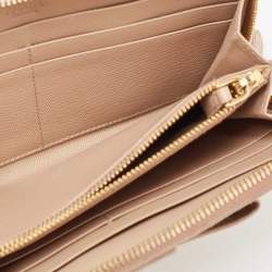 Prada Beige Saffiano Leather Bow Zip Around Wallet