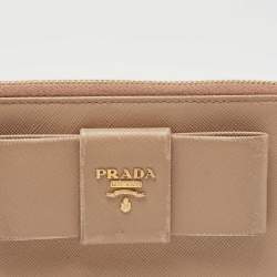 Prada Beige Saffiano Leather Bow Zip Around Wallet