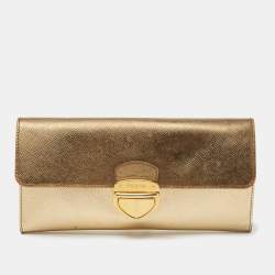 Prada Gold Saffiano Leather Pushlock Flap Wallet