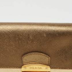 Prada Gold Saffiano Leather Pushlock Flap Wallet