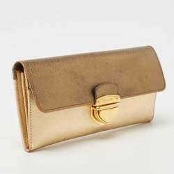 Prada Gold Saffiano Leather Pushlock Flap Wallet