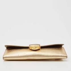 Prada Gold Saffiano Leather Pushlock Flap Wallet